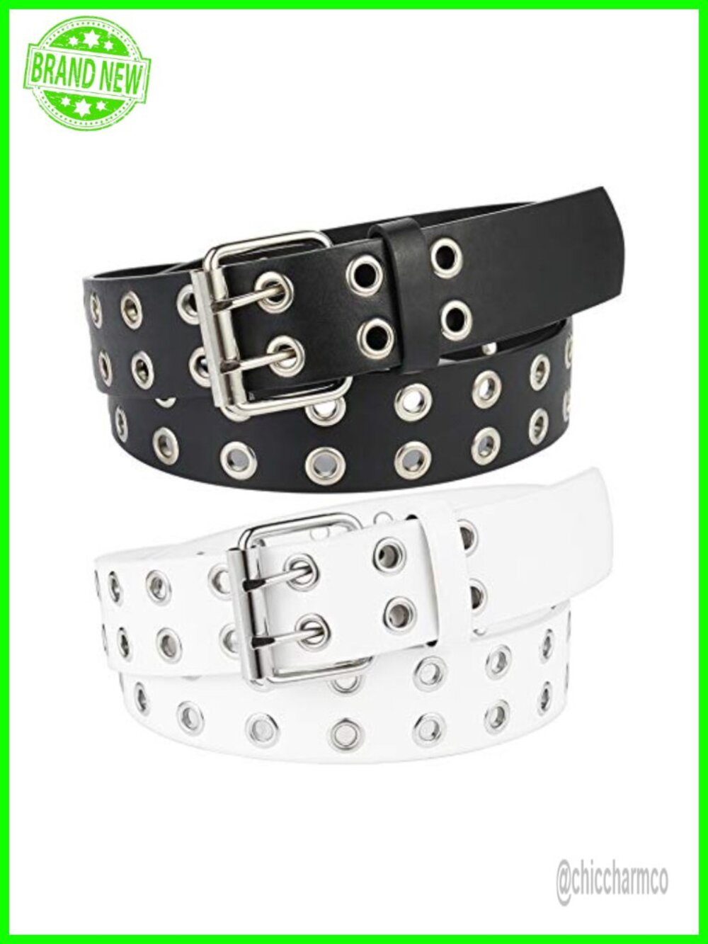 Double Grommet PU Leather Punk Belt 2 Pack 1.5" Wide